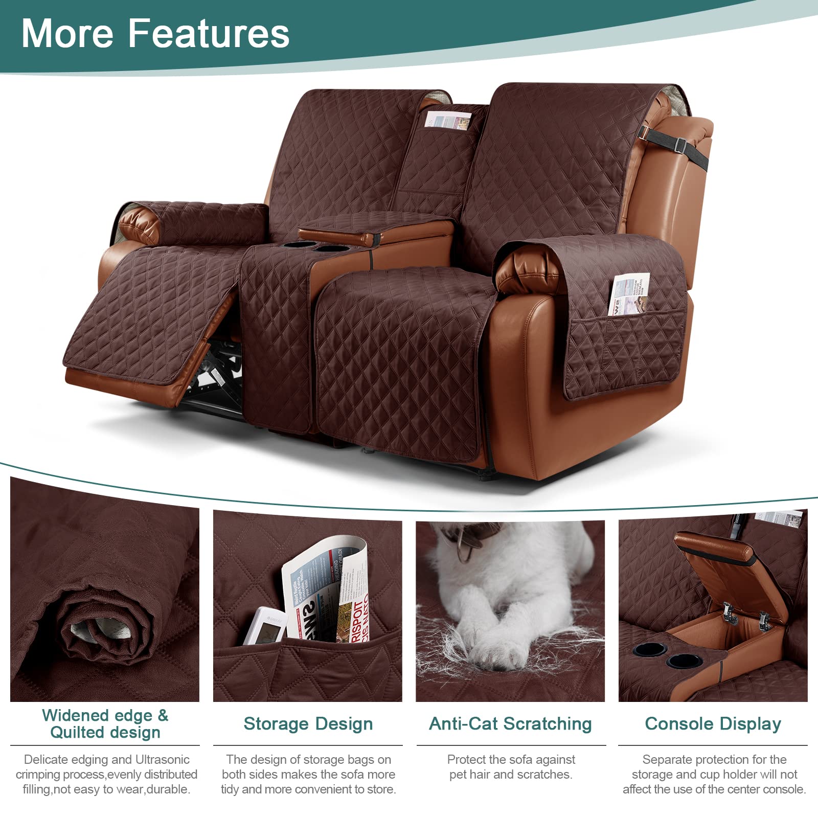 Ruaozz Waterproof Recliner Loveseat Cover with Console, NonSlip Couch
