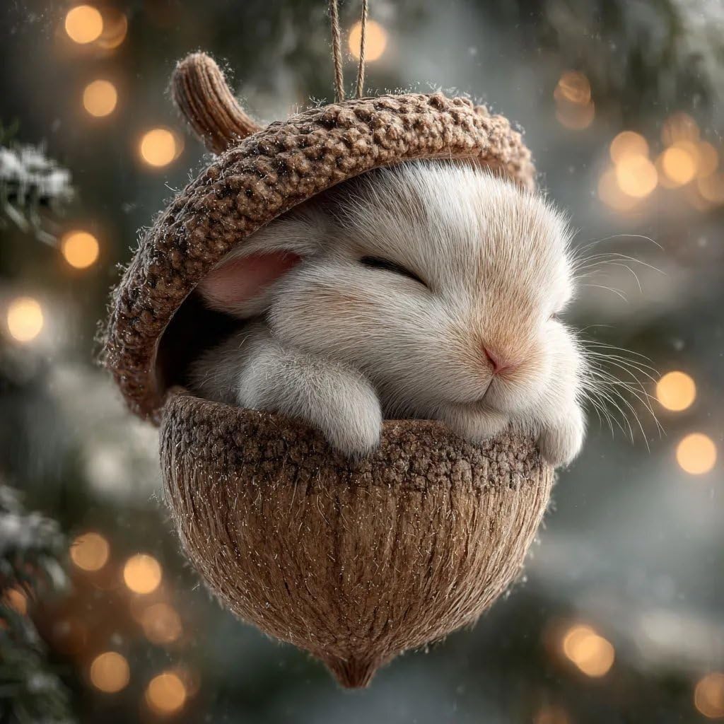 3D Forest Animal Acorn Ornaments, Cozy Forest Christmas Ornaments, Lovely Sleeping Animal Resin Christmas Hanging Trees Decorations for AnimalLovers (Rabbit)