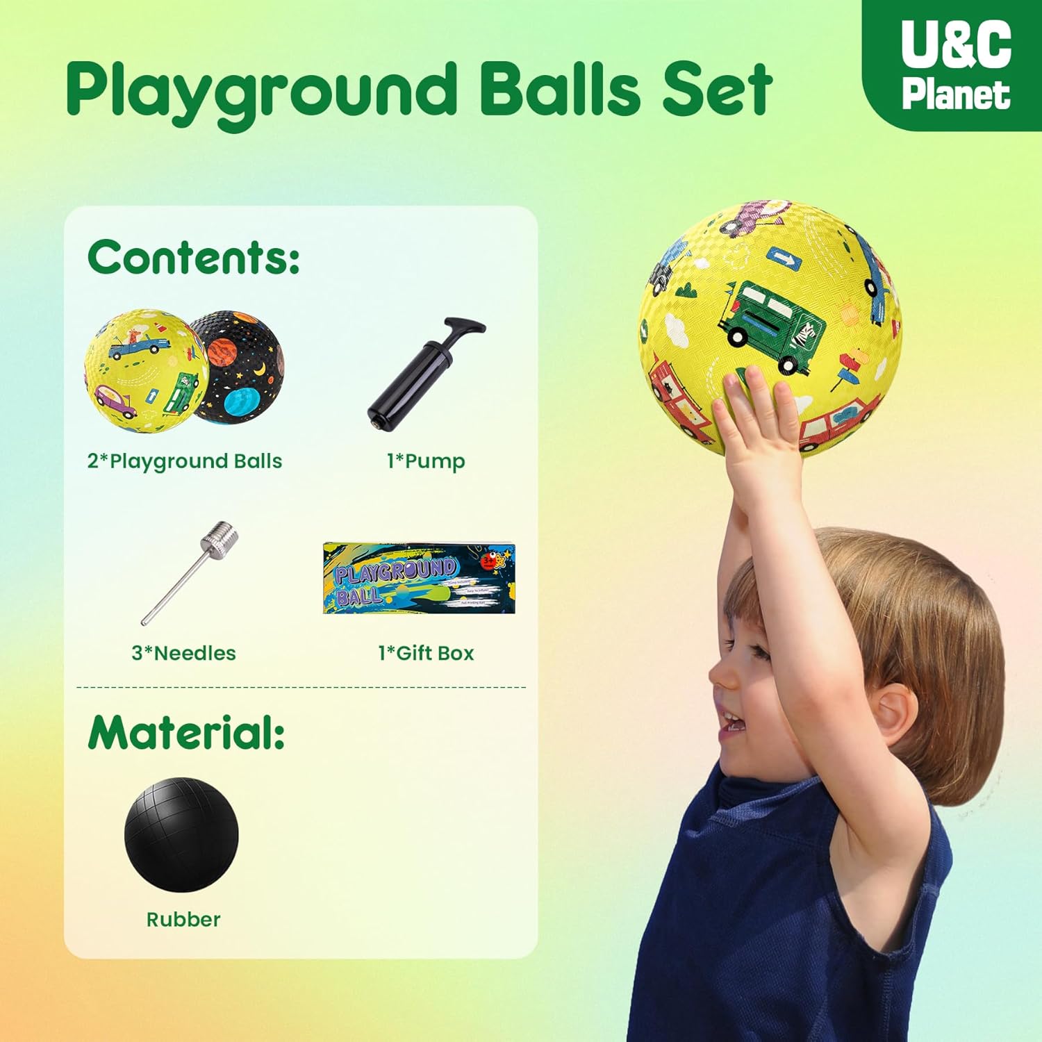 U&C Planet Playground Balls for Toddlers 1-3, 2 Pack 6 inch 8.5 inch Kickball for Kids Outdoor Indoor, Catoon Rubber Balls with Pump, Child Gift for Boys Girls 1-3 3-5 5-10 Yellow and Black 8.5inch