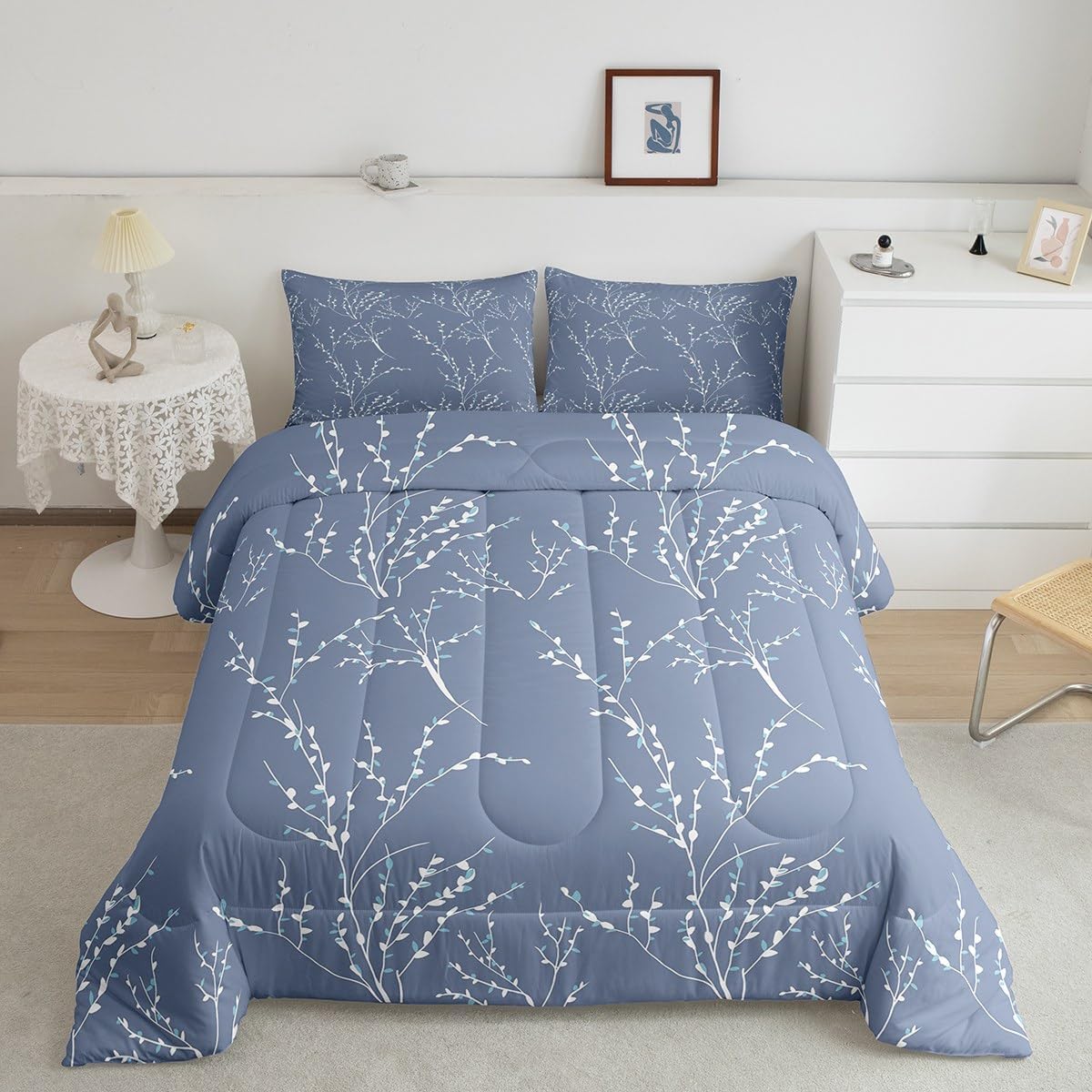 Grey Blue Gray Bedding Set Full Size Reversible Flower Plum Blossom Comforter Set