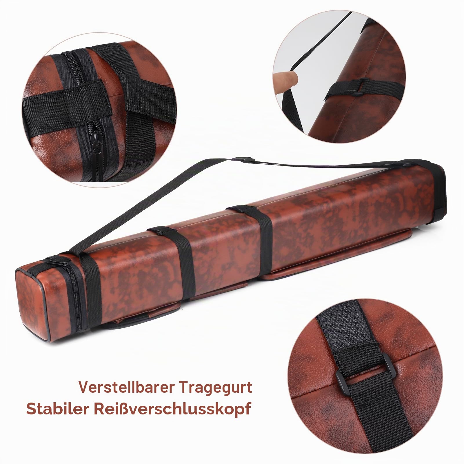 Billardqueue-Tasche, 3 x 6, Kunstleder, harte Queue-Tasche für 3 Butts und 6 Schäfte, Braun