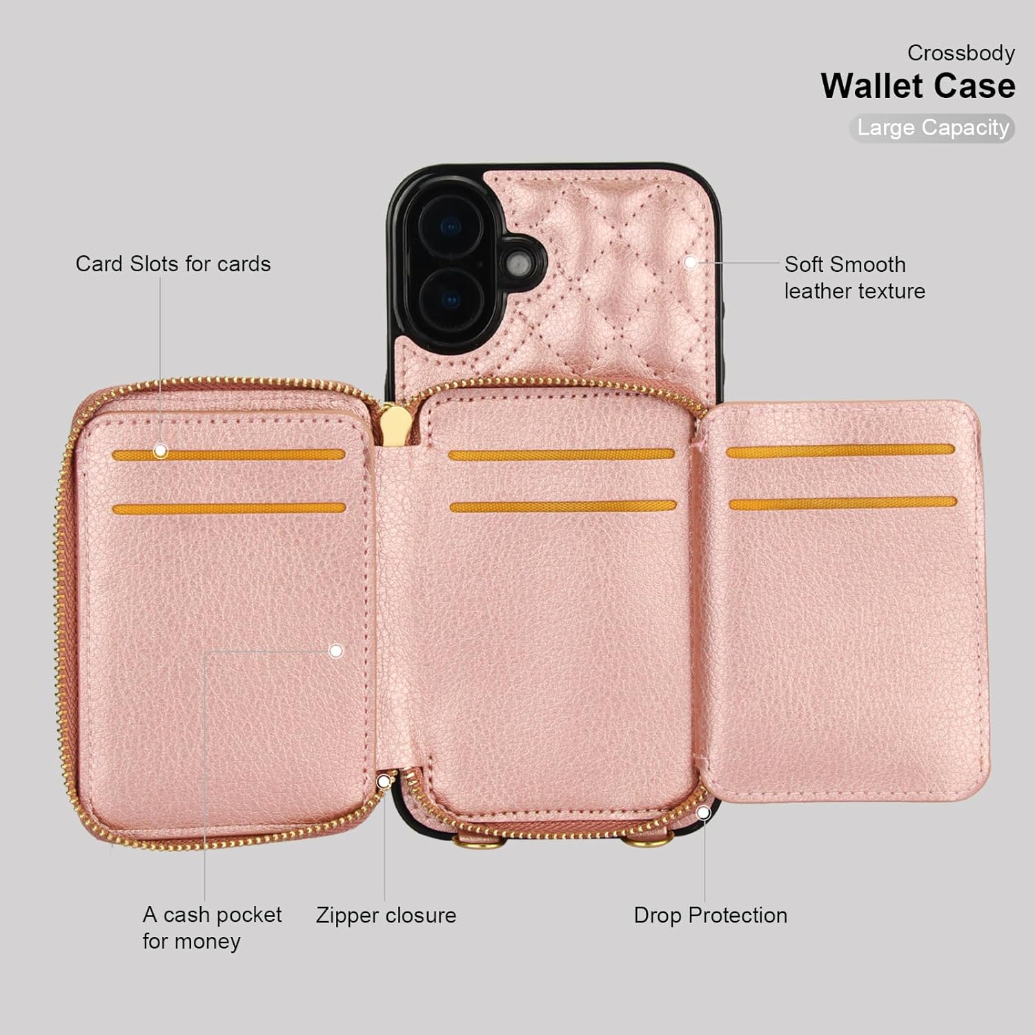 Bocasal Crossbody Wallet Case for iPhone 16 Plus, RFID Blocking PU Leather Zipper Handbag Purse Flip Cover, Kickstand Folio Case with Card Slots Holder Wrist Strap Lanyard 5G 6.7 Inch (Rose Gold)