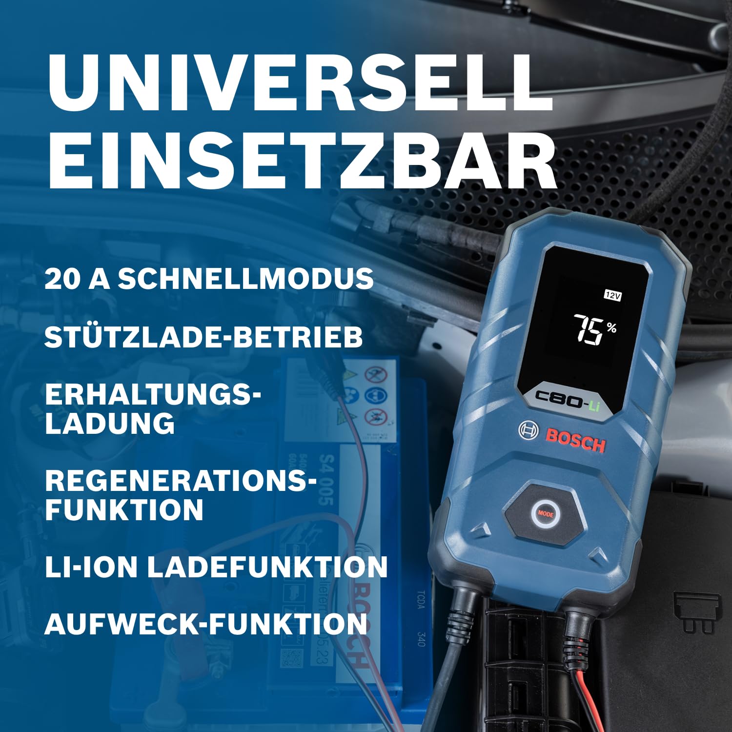 Bosch C80-Li Batterieladegerät, 15 Ampere, mit Erhaltungsladungs-Funktion - Autobatterie-Ladegerät für 6 V / 12 V Blei-Säure-, AGM-, EFB-, Gel-, SLI- Batterien sowie 12 V Lithium- (LiFePO4) Batterien