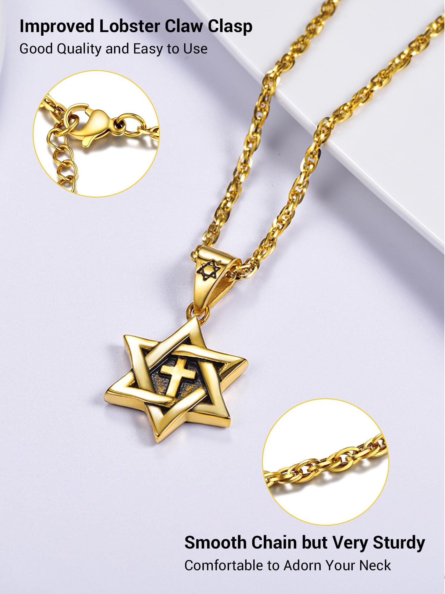 PROSTEEL Collier Homme Magen David en Acier Inoxydable/Plaqué Or, Pendentif Étoile de David Amulette Judaïque