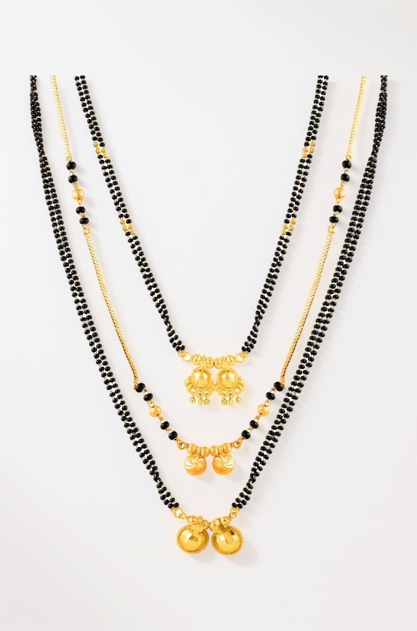 MEENAZ Combo Traditional Wedding Temple One Gram Gold Meenakari Copper Brass Wati Mangal sutra Pendant Tanmaniya Black Beads Simple Long Short Mangalsutra Combo Set For Women girls chain -MC-M38