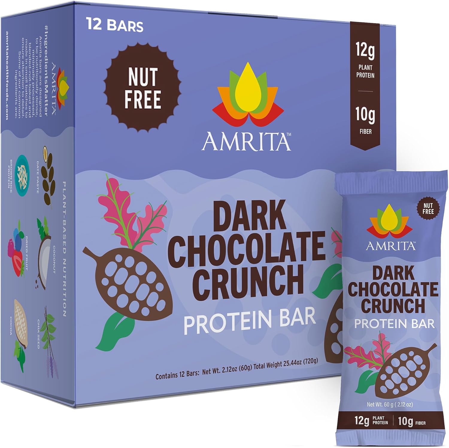 Amrita Nut Free Dark Chocolate Crunch Vegan Protein Bars (12 Count) | 12g Plant-Based Protein Bar | Peanut Free, Gluten Free, and Dairy Free | Low Sugar, High Fiber, Healthy School-Safe Snacks