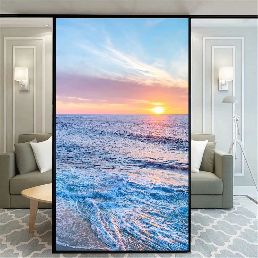 Non Adhesive Decorative Privacy Frosted Window Film Sunset by The Sea Pattern Glass Door Window Covering Window Decals Window Sticker for Home Office 65x130cm(25.6