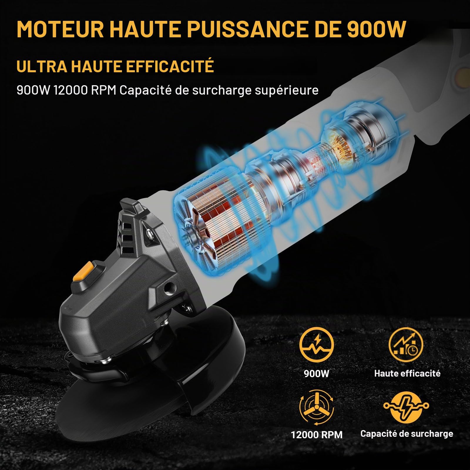 DEKOPRO Meuleuse d'Angle 900W: Ø 125mm Longues Poignées Meuleuse d'Angle Électrique avec Poignée Auxiliaire, Capot de Protection, Écrou de Serrage, Clé à Ergots, pour Meulage, Tronçonnage