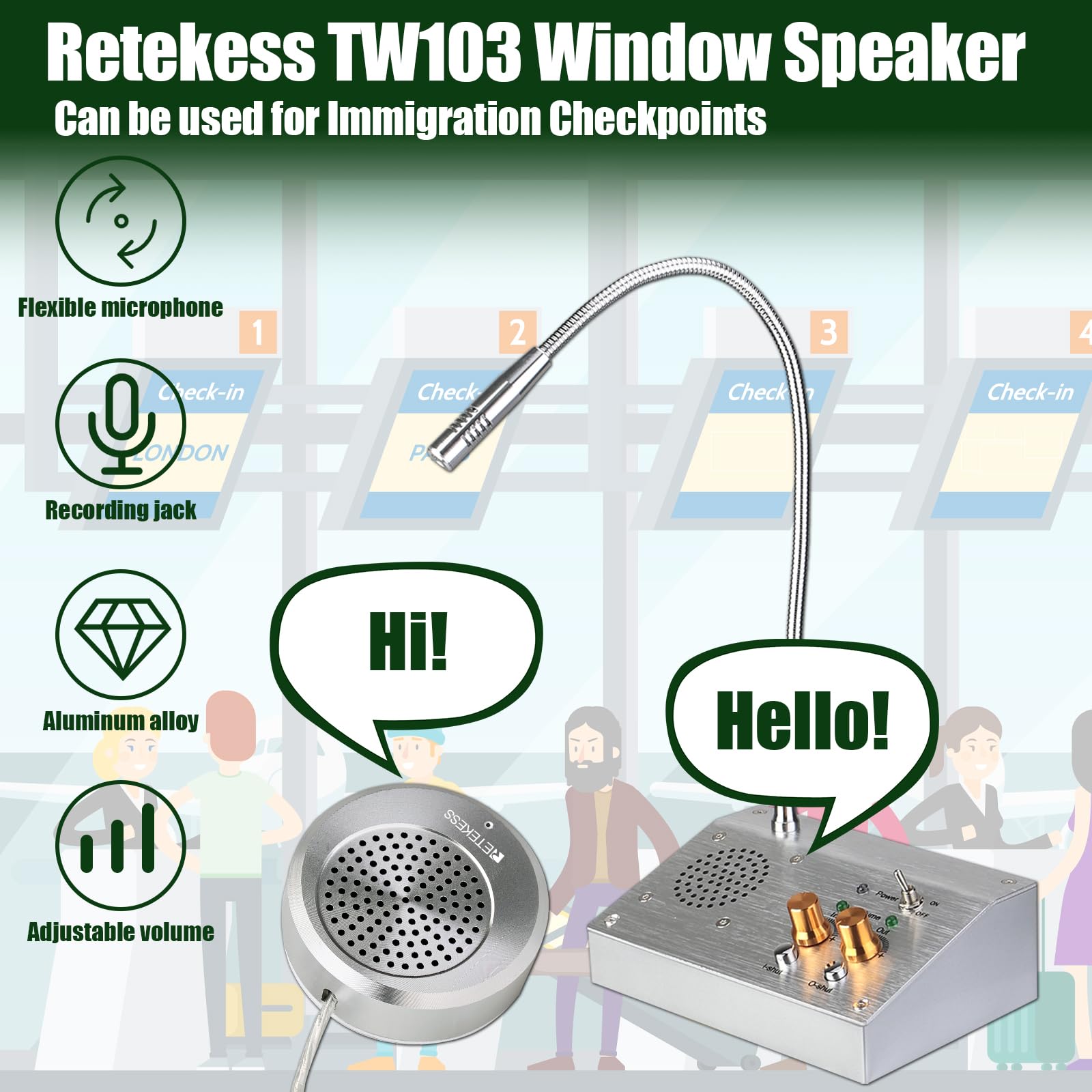 Retekess TW103 Sistema Altavoz de Ventana Sistema Banco de Intercomunicador 2W Micrófono de Ventana de Doble Vía para Banco Oficina Tienda (Plata)