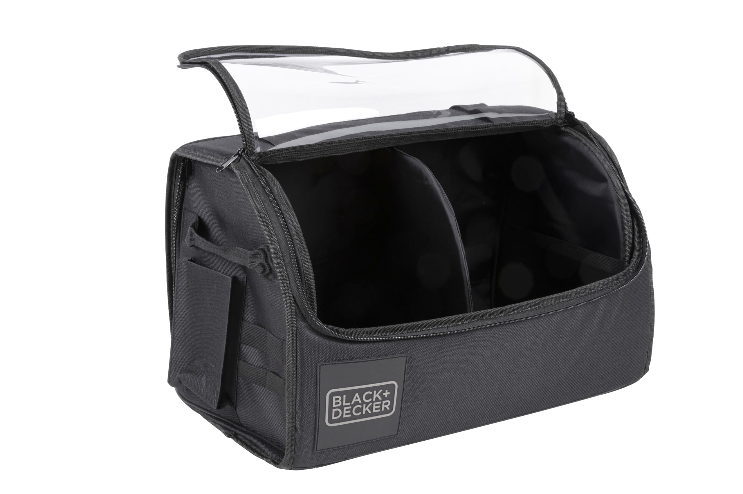 BLACK+DECKER Organizer do bagażnika – torba do bagażnika z przezroczystą pokrywą – 2 główne i kilka kieszeni bocznych – powierzchnia antypoślizgowa – poliester – czarny