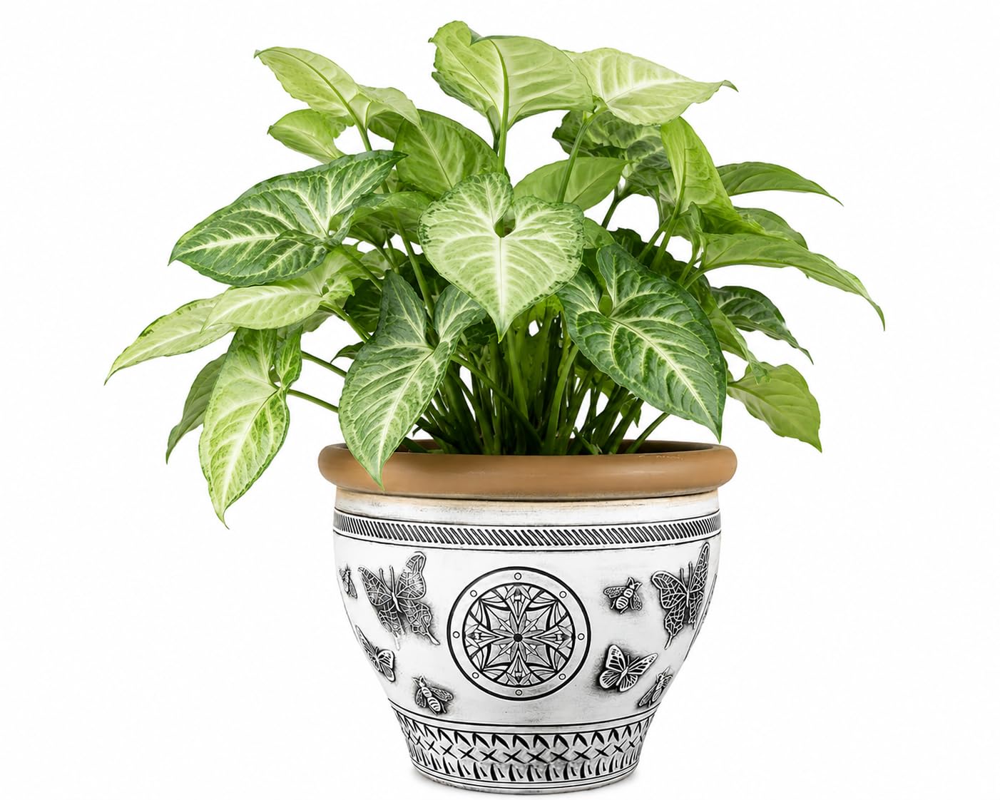 Decorative Outdoor Garden Planter Pot with Ornamental Pattern | Large Plastic Flower Plant Tree Pot | Frost Resistant Weatherproof Patio Herb Container with Drainage Hole (White, 11 Litre)