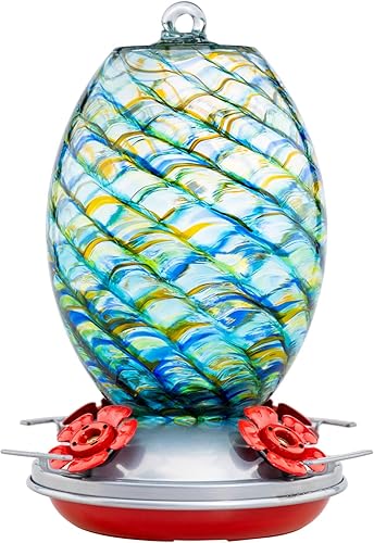 Muse Garden - Comedero para colibrís para exteriores, de vidrio soplado a mano, 25 onzas, con trampa para hormigas, modelo playa