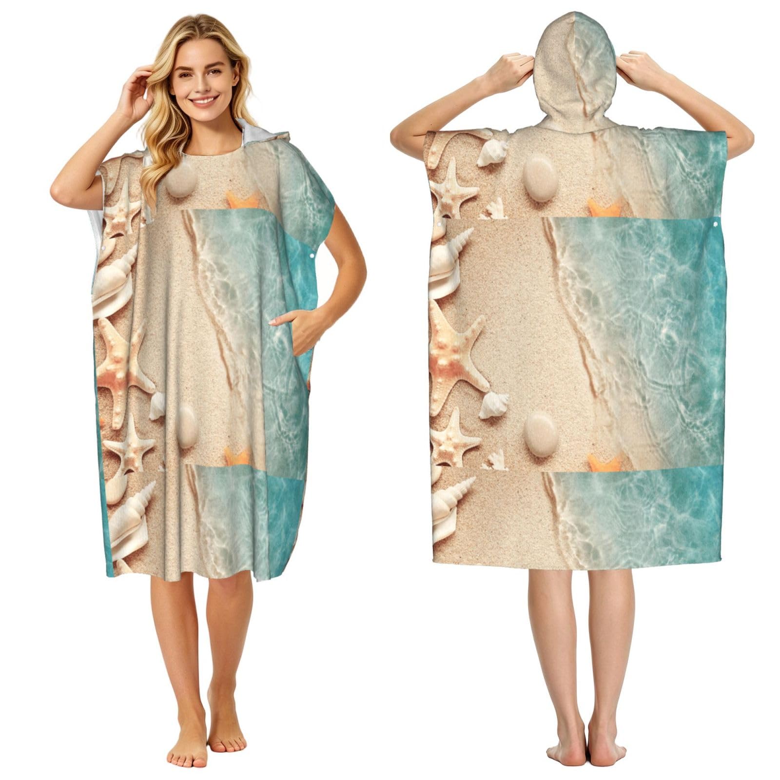 Poadnly Sea Sand With Starfish, Adult Hooded Beach Towel 90 x 110 cm,Changing Bath Robe, Surf Poncho Towel For Women Men