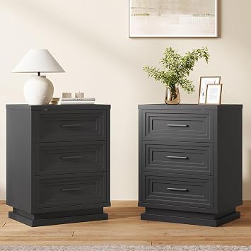 Nightstands Set of 2, Black Night Stand with 3 Drawers, Bedside Table for Bedroom with Metal Handle, Wood Modern End Tables Set of 2 for Bedroom