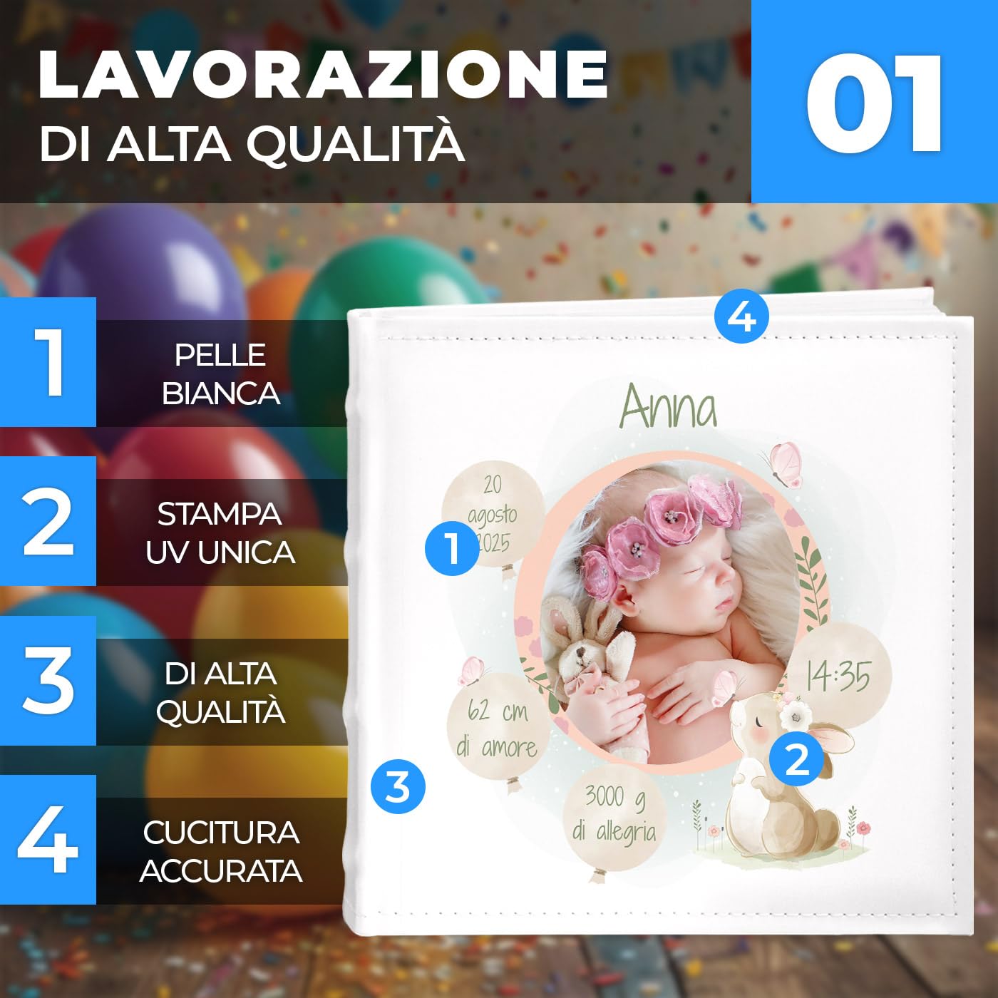 Maverton Album Fotografico Personalizzato - Album foto per neonata - Copertina in Pelle Sintetica Bianca Personalizzata con Stampa - 100 pagine - 200 foto 10x15 cm - regali neonata - Coniglio