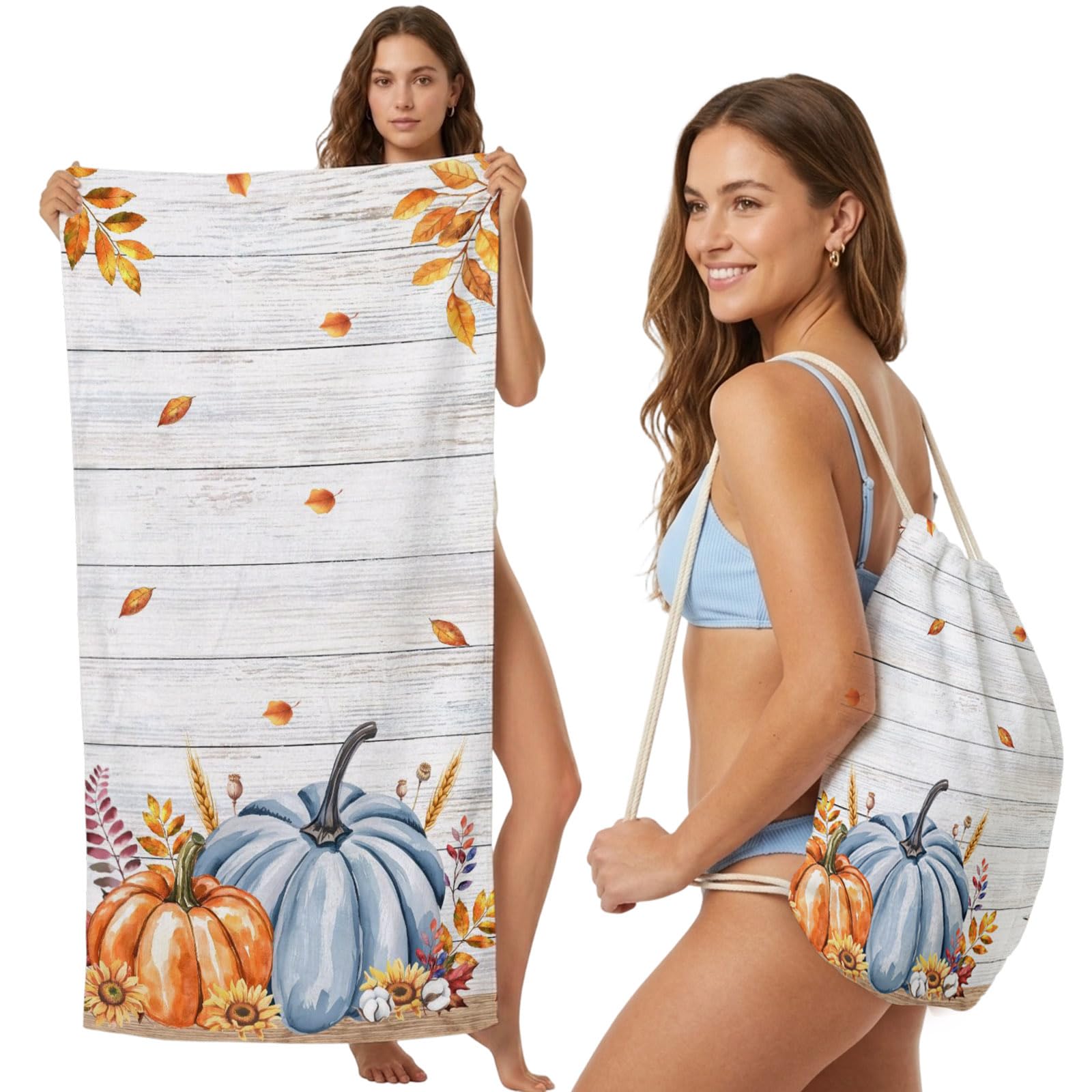 2-in-1 Beach Towel Backpack,Thanksgiving Pumpkin Plant Bath Towel with Built-in Storage Maple Leaves on Rustic Wooden Convertible Foldable Beach Blanket for Travel Pool Gym Camping Swim,31x63in