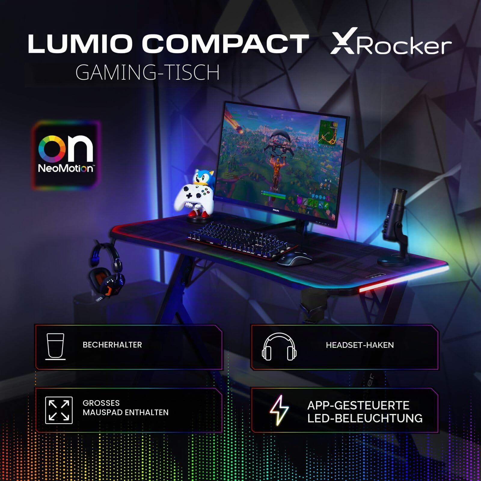 X Rocker Lumio RGB - Gaming Schreibtisch mit Beleuchtung & App-Steuerung (Compact)