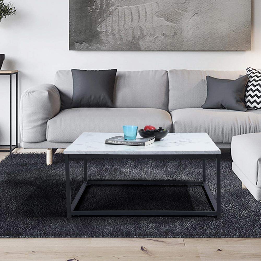 BAKAJI Tavolino Divano Tavolo caffè da Salotto Quadrato Design Moderno Industriale Struttura in Metallo con Piano d'appoggio in Legno MDF Dimensione 80 x 80 x 34 cm (Effetto Marmo)