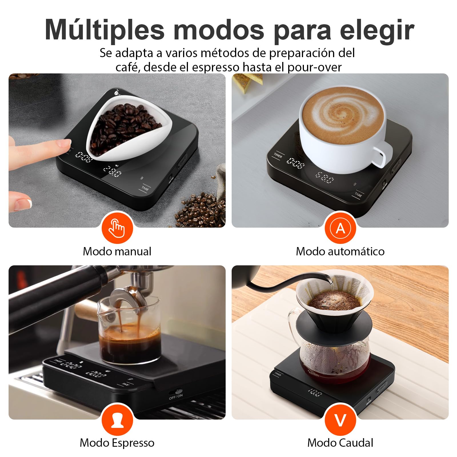 4 Modos Mini Bascula Cafe Recargable con Temporizador, 2kg/0.1g Bascula de Precision para Espresso, Coffee Scale Portátil con para Espresso y Café Servido (Negra)