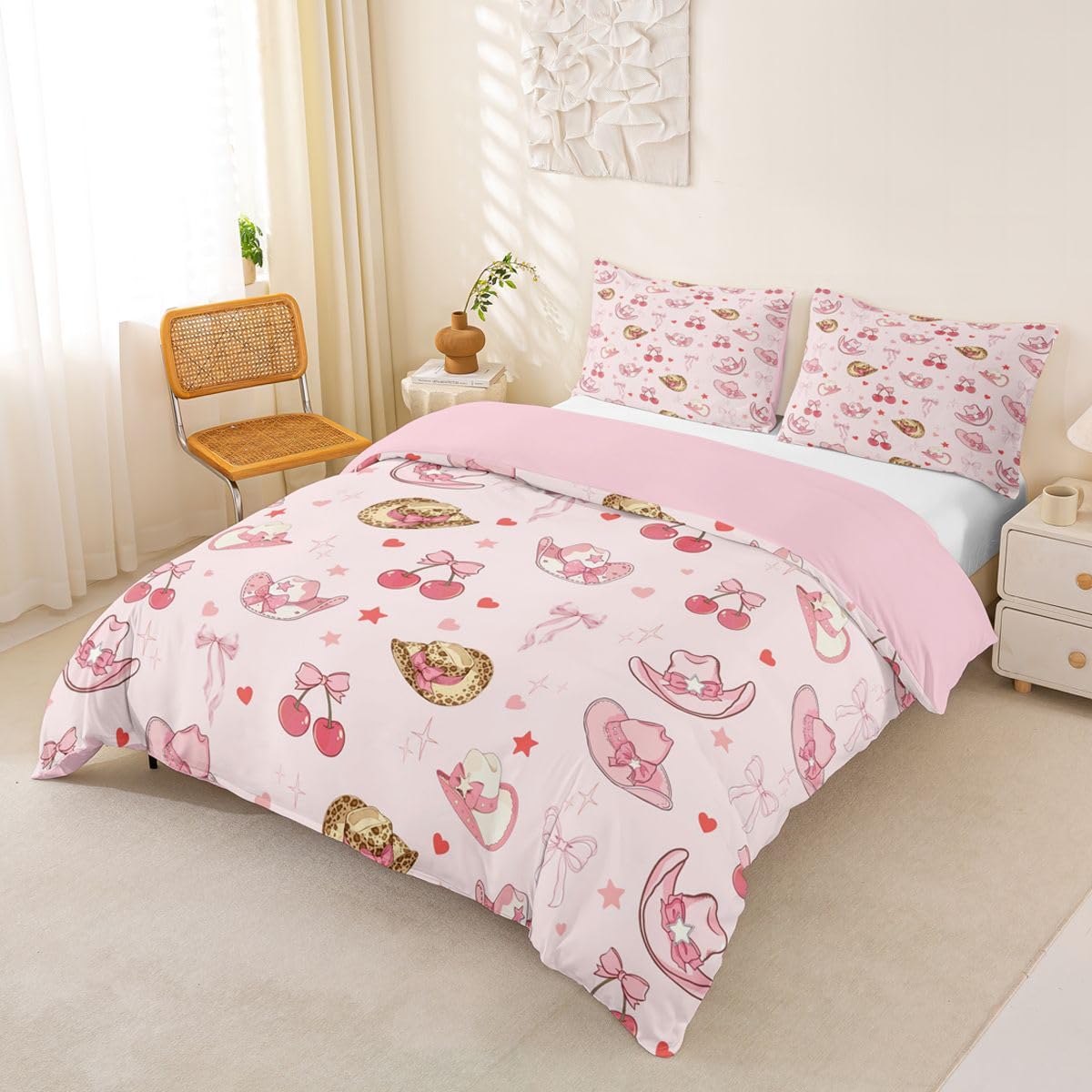 Homewish Set di biancheria da letto Kawaii con copripiumino per letto super king size, con fiocco, cowgirl western, per bambini, adolescenti, ragazze, graziosi cuori, stelle, cowboy