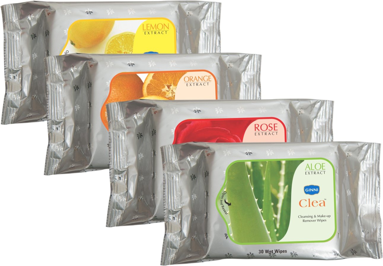 GINNI CLEA Cleansing & Make-up Remover Wipes (Rose,Aloevera,Lemon,Orange) (pack of 4) (30 wipes per pack)