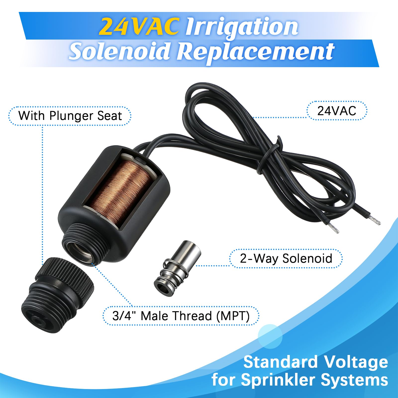 Valvola di irrigazione a solenoide compatibile con Irritrol, 24 VAC, confezione da 2 | Elettrovalvola a 2 vie con sede dello stantuffo e 1,9 cm. MPT, compatibile con valvole Irritrol 2400, 2500, 2600 e 700