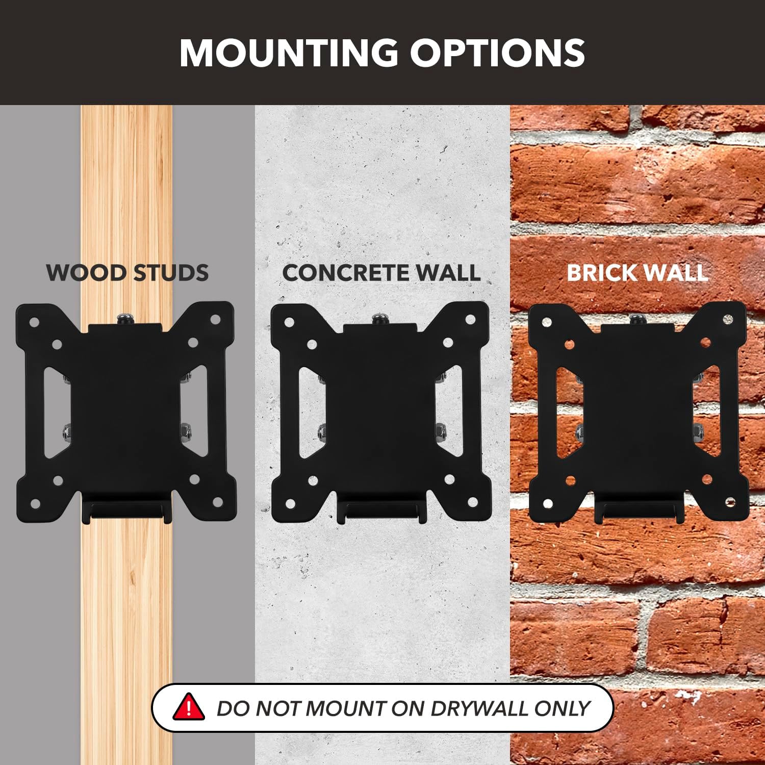 Diagram showing different wall mounting options: wood studs, concrete wall, brick wall