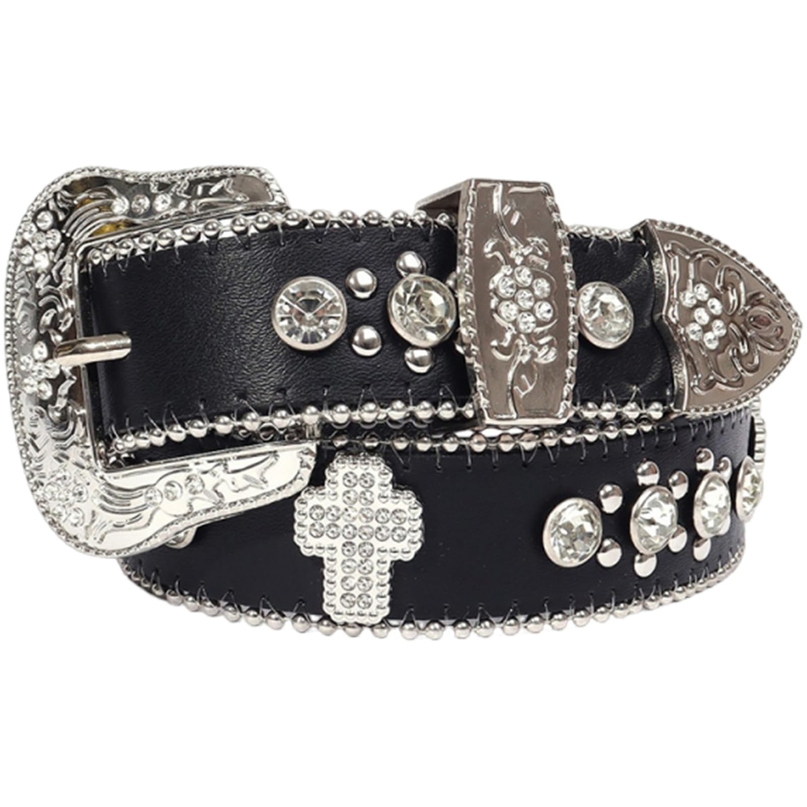 AGUTALITHIC Women's Western Rhinestone Studded Leather Belts Bling Crystal Cowgirl Embossed Waist Strap for Jeans Pants Dress(95cm/37, Black)