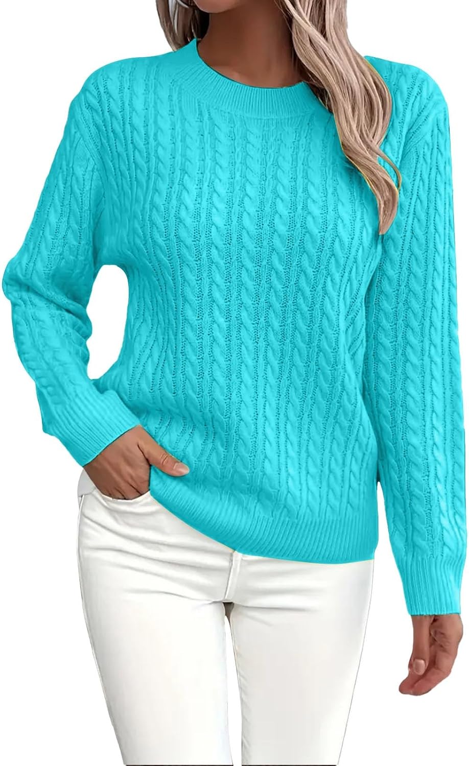 Heevina Sweaters for Women Crewneck Cable Solid Color Long Sleeve Base Sweater Pullover Trendy Jumpers Winter Fall