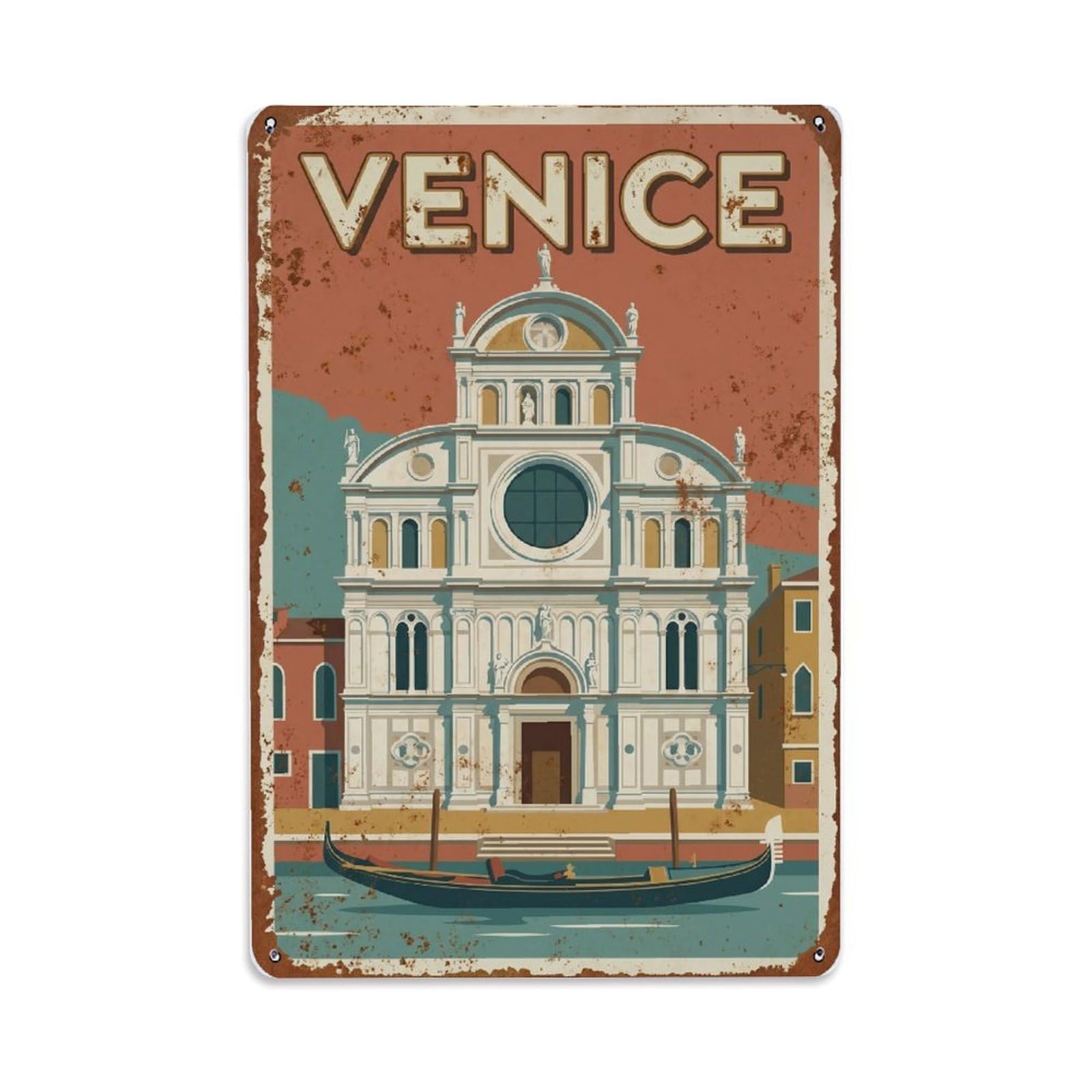 Vintage Travel Venice San Zaccaria Church Renaissance Facade Rusted Italy 1 Metal Tin Sign Plaque Wall Decor for Cafe, Club Bar, Office, Home Garden Metal Poster 8x12Inch