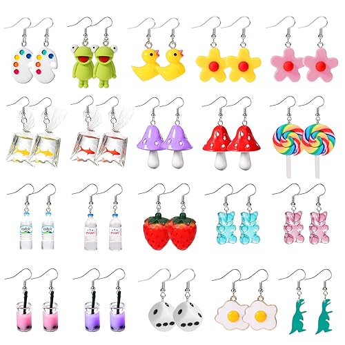 PHOGARY 20 Pairs Weird & Funny Earrings - Cute & Aesthetic Kawaii Dangle Earrings for Women & Girls