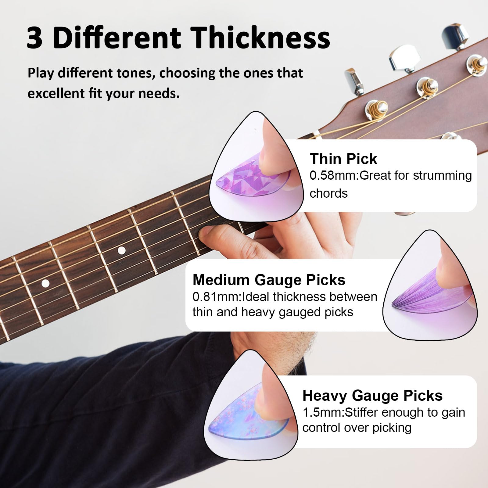 HOMMDECO Fancy Clear Guitar Pick 6PCS Clear Square Box Three Thicknesses Suitable for Bass Electric Guitar Ukulele Classical Music Playing Instrument Accessories (Purple Theme) - Image 4