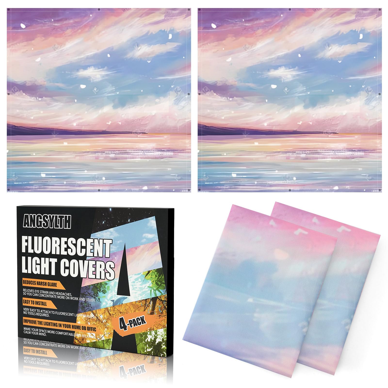 ANGSYLTH 4 Pcs 2x2 Feet Fluorescent Ceiling Light Covers | Magnetic Light Covers for Classroom, Office, Hospitals, Home (Sunset Glow)