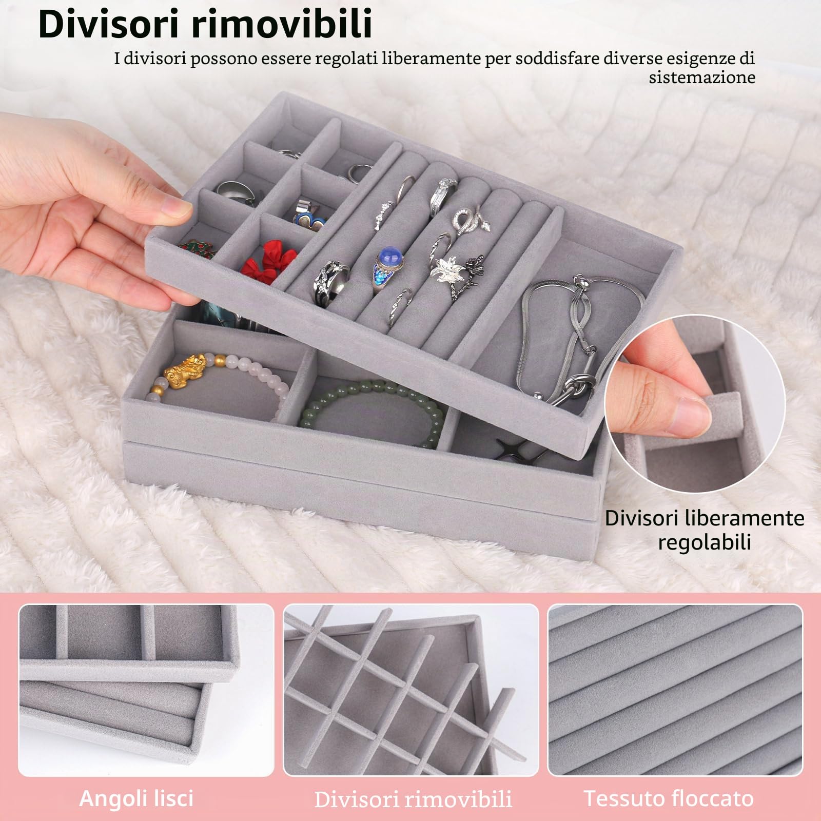 8 Pezzi Organizer Gioielli da Cassetto Velluto, Vassoio Porta Collane, Porta Gioielli Donna per Anelli, Collane, Orecchini e Bracciali