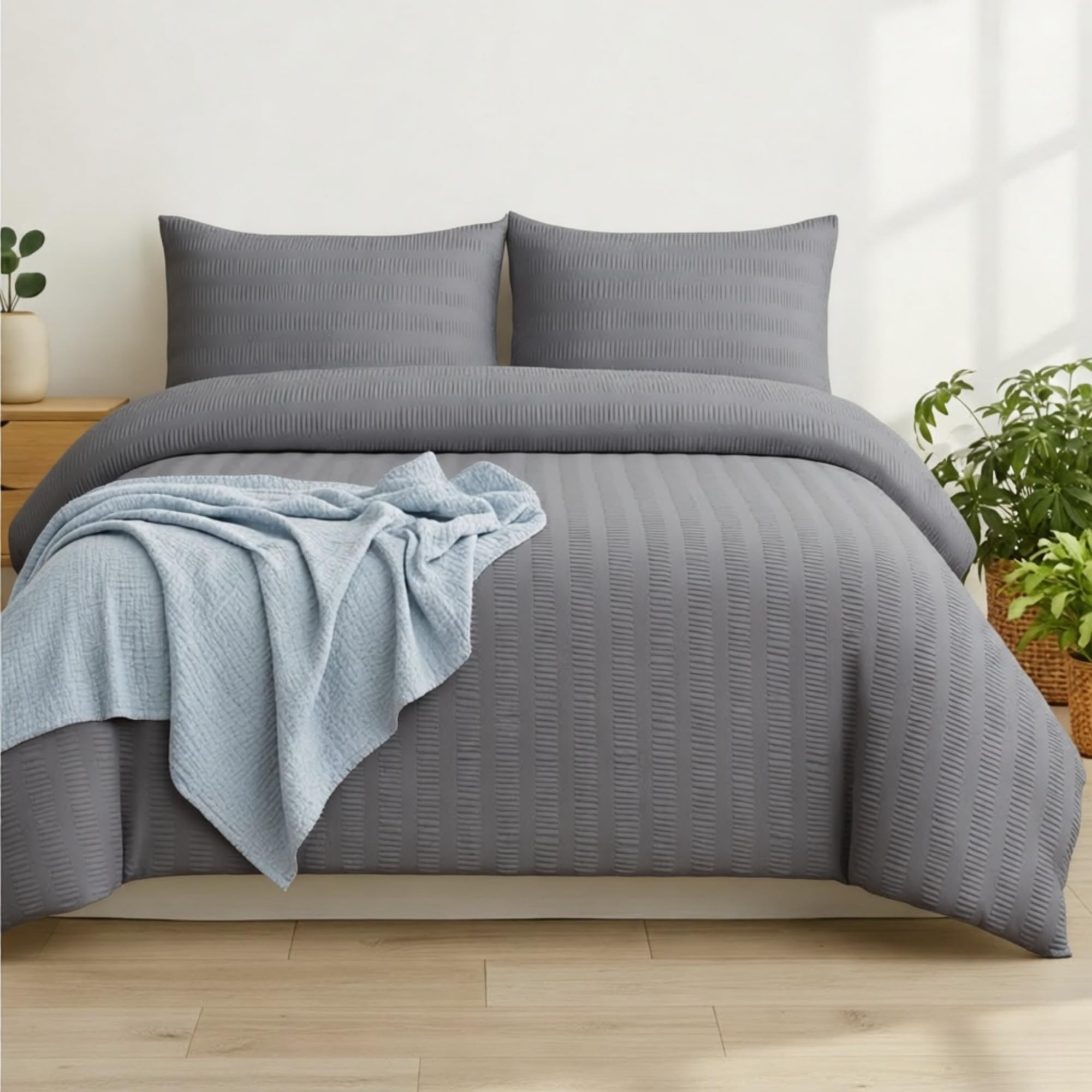 Q&H Bedding Single Seersucker Duvet Cover Set - Grey Quilt Cover Brushed Microfiber with Pillowcase - Multiple Sizes Complete Bedding Set - Soft & Breathable, Easy Care & Machine Washable
