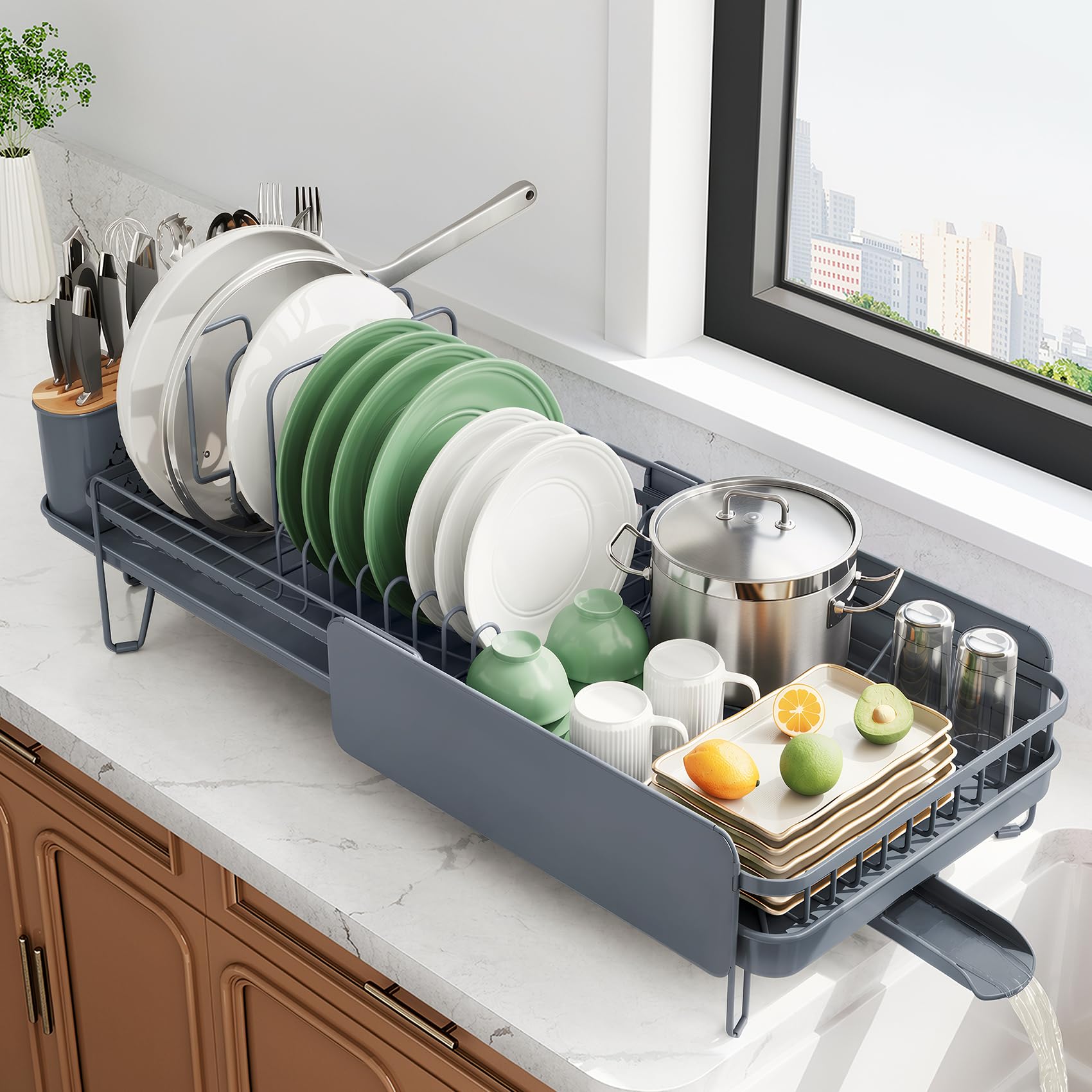 Large Expandable Dish Drying Rack for Kitchen Counter, 19.3-29.4 in, Grey