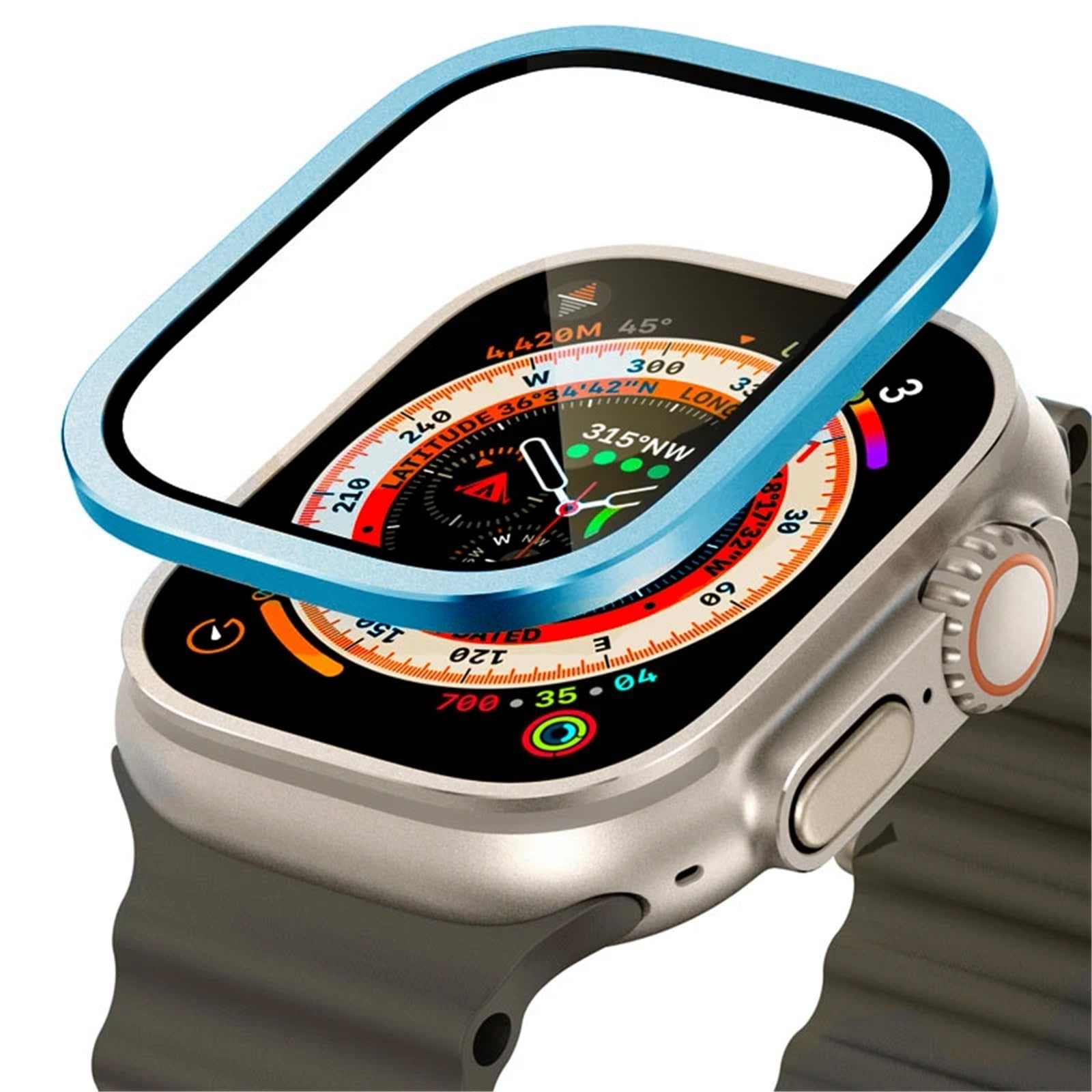 Displayschutzfolie aus gehärtetem Glas für Apple Watch Ultra, 49 mm, Titan-Metallrahmen, kratzfeste Folie für Serie Ultra 2, Displayschutzfolie, Zubehör (Blau 4)