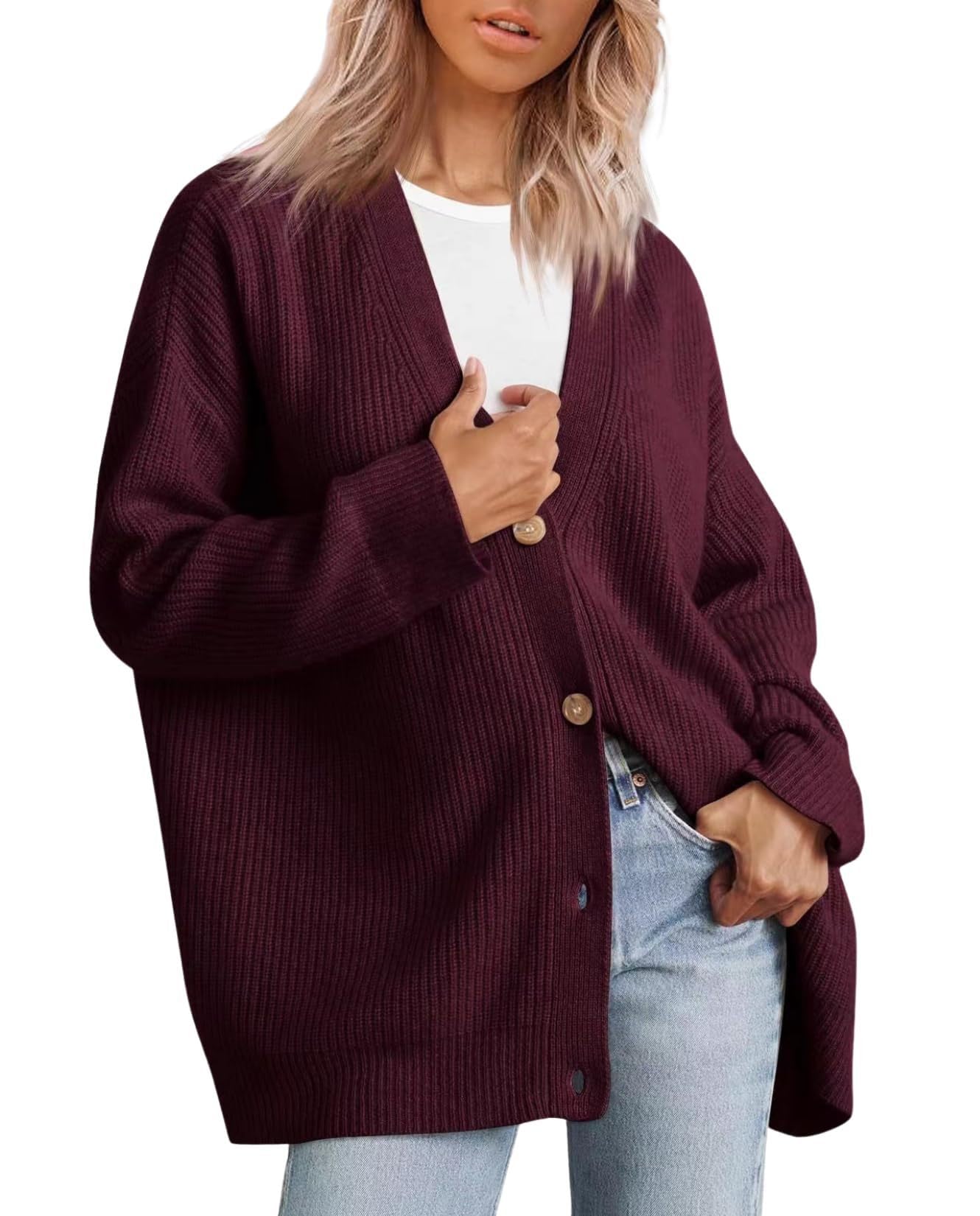 LIZALIG Womens Cardigan Casual Sweater Oversized Long Sleeve V-Neck Button Cardigan Top for Vacation and Daily Life