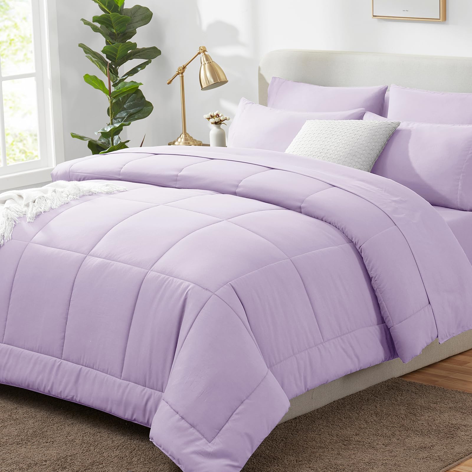 CozyLux Queen Comforter Set Lavender, 7 Pieces Bed in a Bag, Light Purple Comforter Queen Size, All Season Bedding Sets with Stitch Quilted Comforter, Flat Sheet, Fitted Sheet, Pillowcases