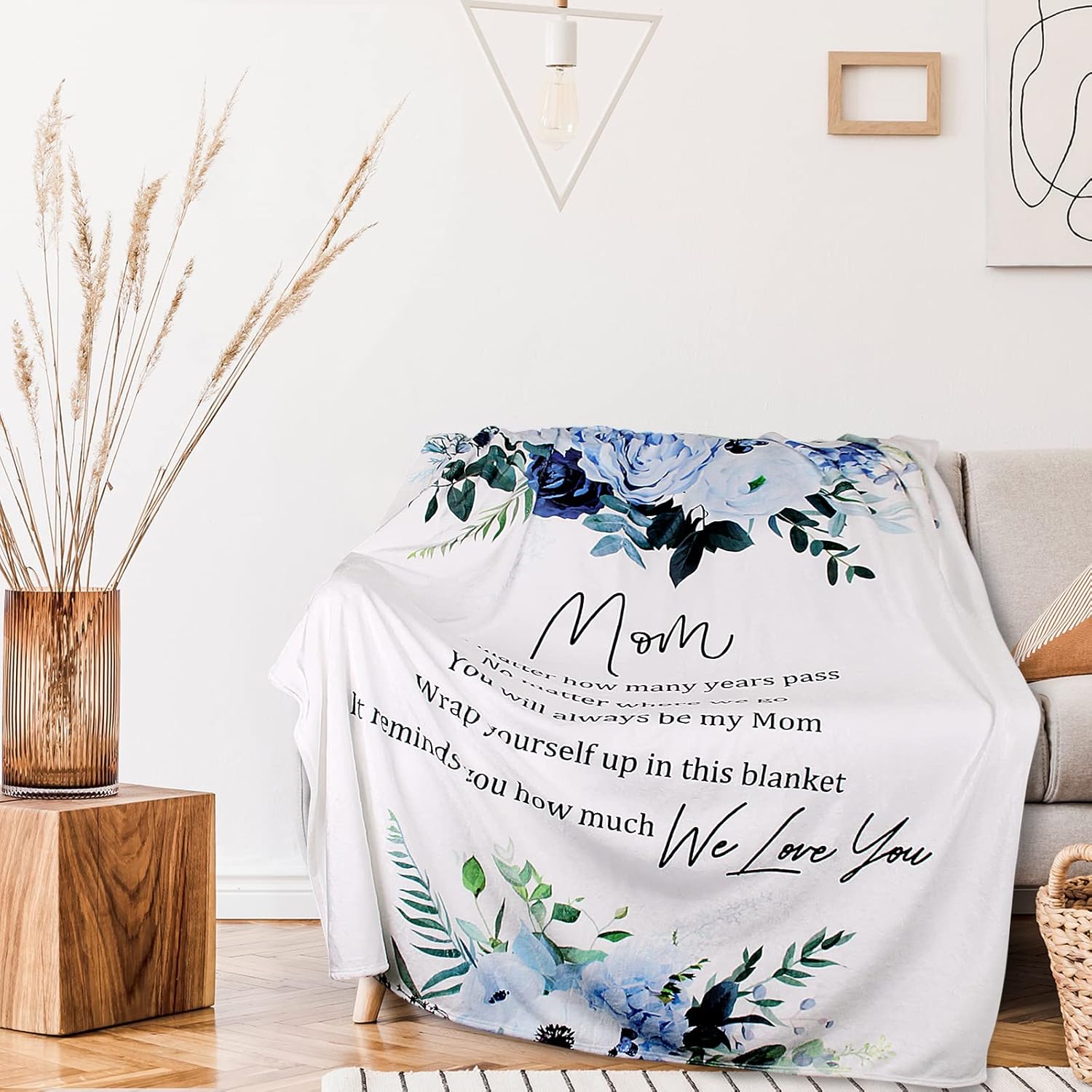 Gifts for Mom - 60" X 50" Blue Soft Flower Blanket for Thanksgiving Day, Birthday from Daughter or Son - I Love You Mom