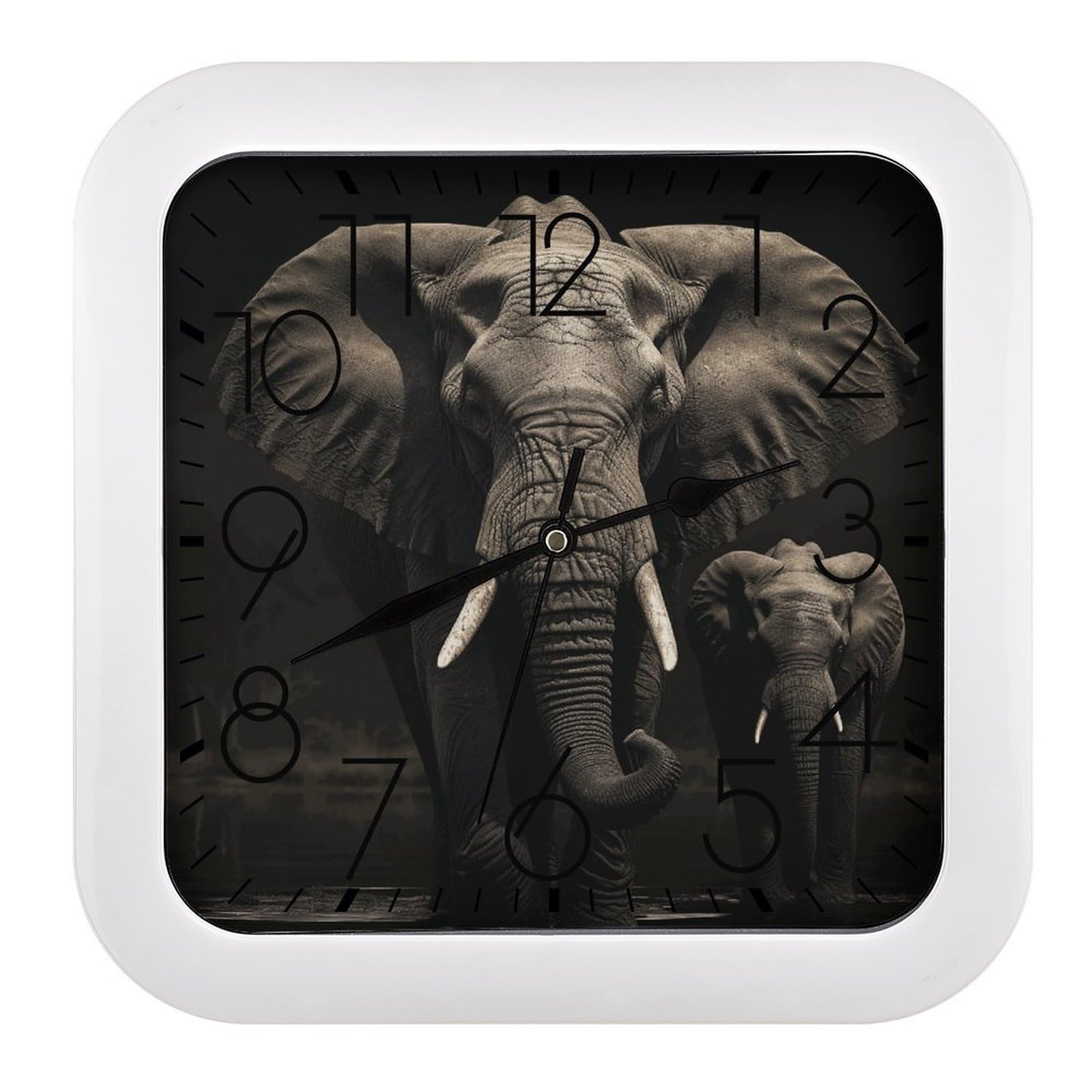 NTVOWPZO 10 Inch Wall Clock Elephant Black Battery Operated Wall Clocks Silent Non-Ticking Square Wall Clock for Living Room Kitchen Home Office Wall Decorative Clocks