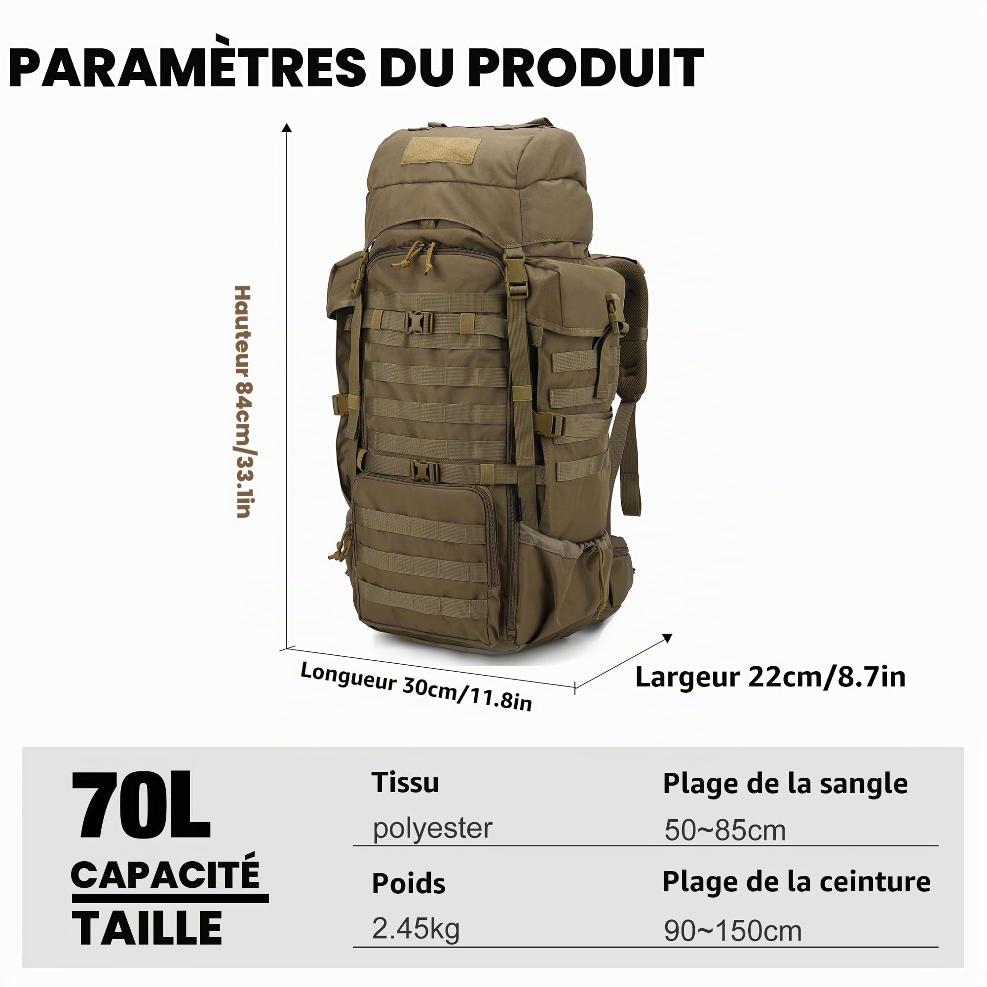 Mardingtop Sac à dos militaire 70L Sac à dos de trekking avec protection contre la pluie Sac à dos de randonnée en plein air Grande capacité Sac à dos pour la randonnée, l'alpinisme et les voyages