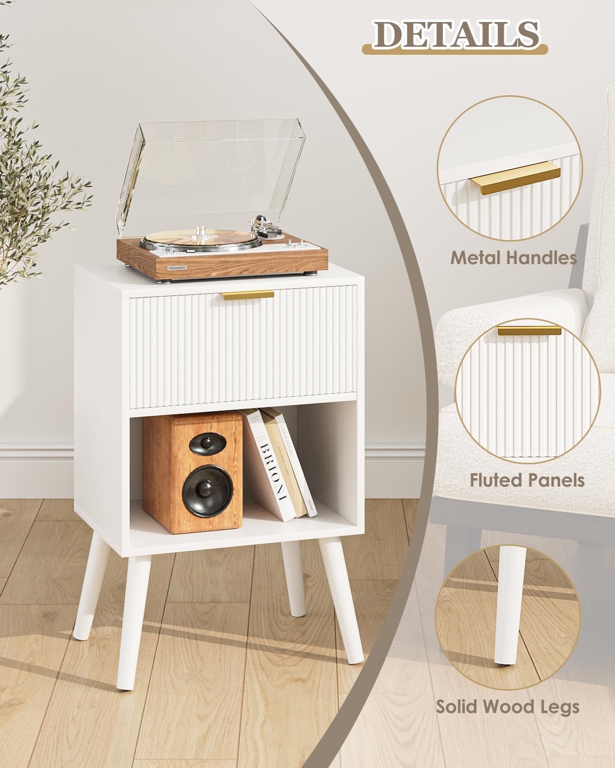 Nachttisch Holz, Beistelltisch mit Stauraum, Nachttische mit 1 Schubladen und offenes Fach, Nachtschrank für Schlafzimmer, Wohnzimmer, weiß