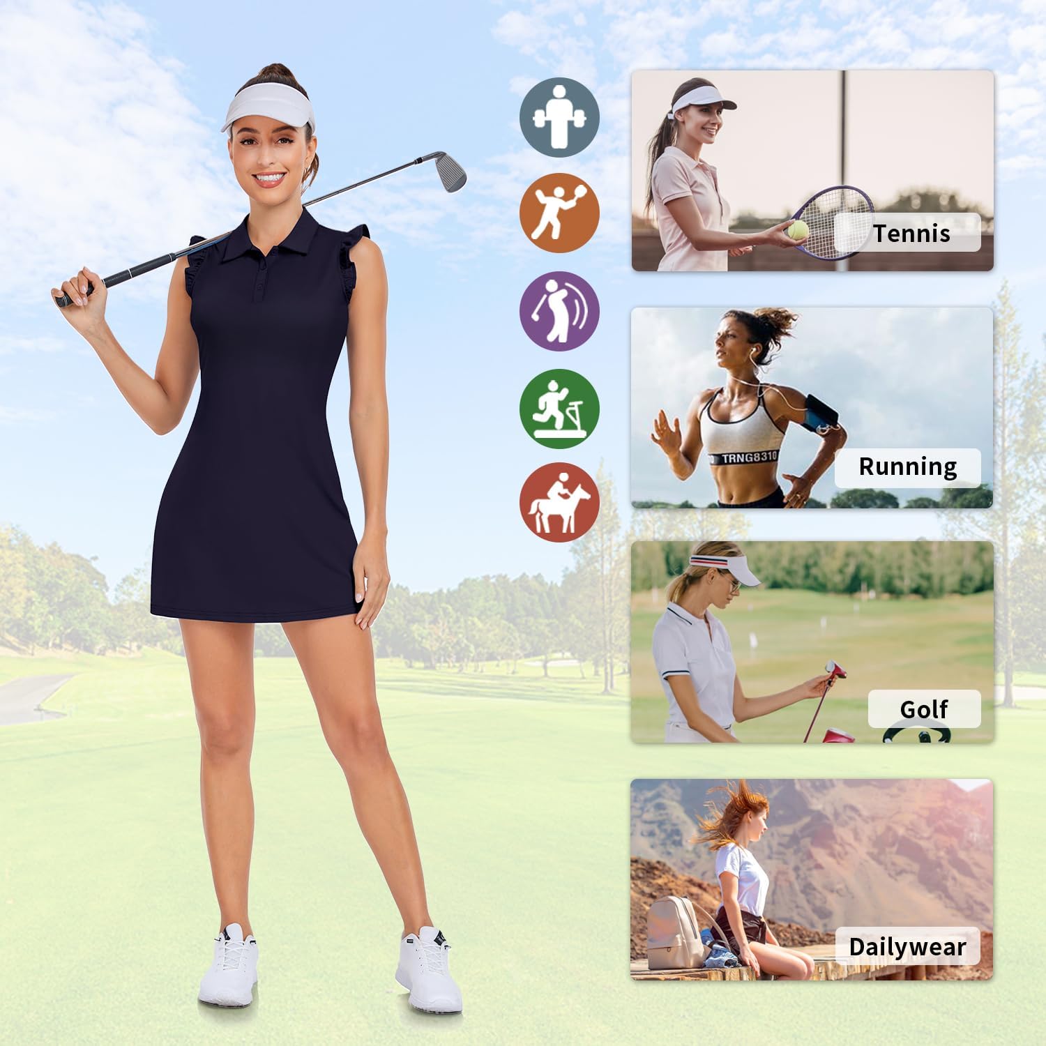 WOWENY Tennis Dress Polo Buttons Golf Dresses with Built in Shorts and Pockets Ruffle Sleeveless Athletic Workout Dress - Image 5