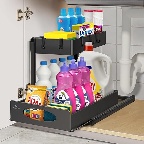 noonchili Organizador para debajo del fregadero, organizador extraíble de 2 niveles para debajo del fregadero, con 5 ganchos, organizador