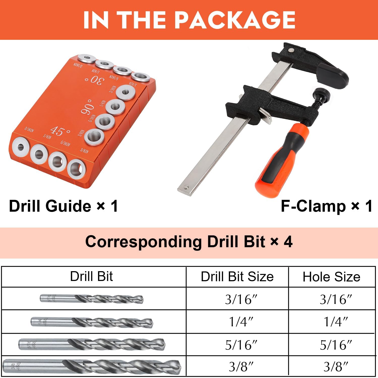 Aluminum Drill Guide Jig 30 45 90 Degree Angle 4 Sizes with 6" F Clamp for Angled and Straight Holes, Portable Durable Cable Railing Drilling Template Block for Deck Stair Handrail