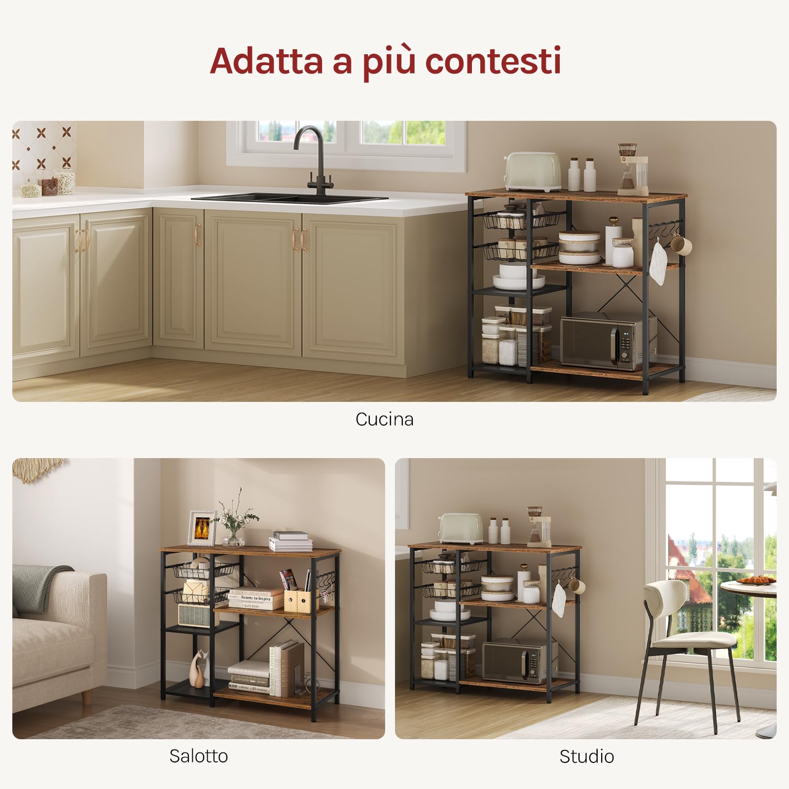 WOLTU Scaffale da Cucina con 2 Cestelli Estraibili, Supporto per Microonde con 2 Ripiani in Rete Metallica, Scaffalatura Portaoggetti con 5 Ganci, 90x40x82 cm, Marrone Rustico + Nero