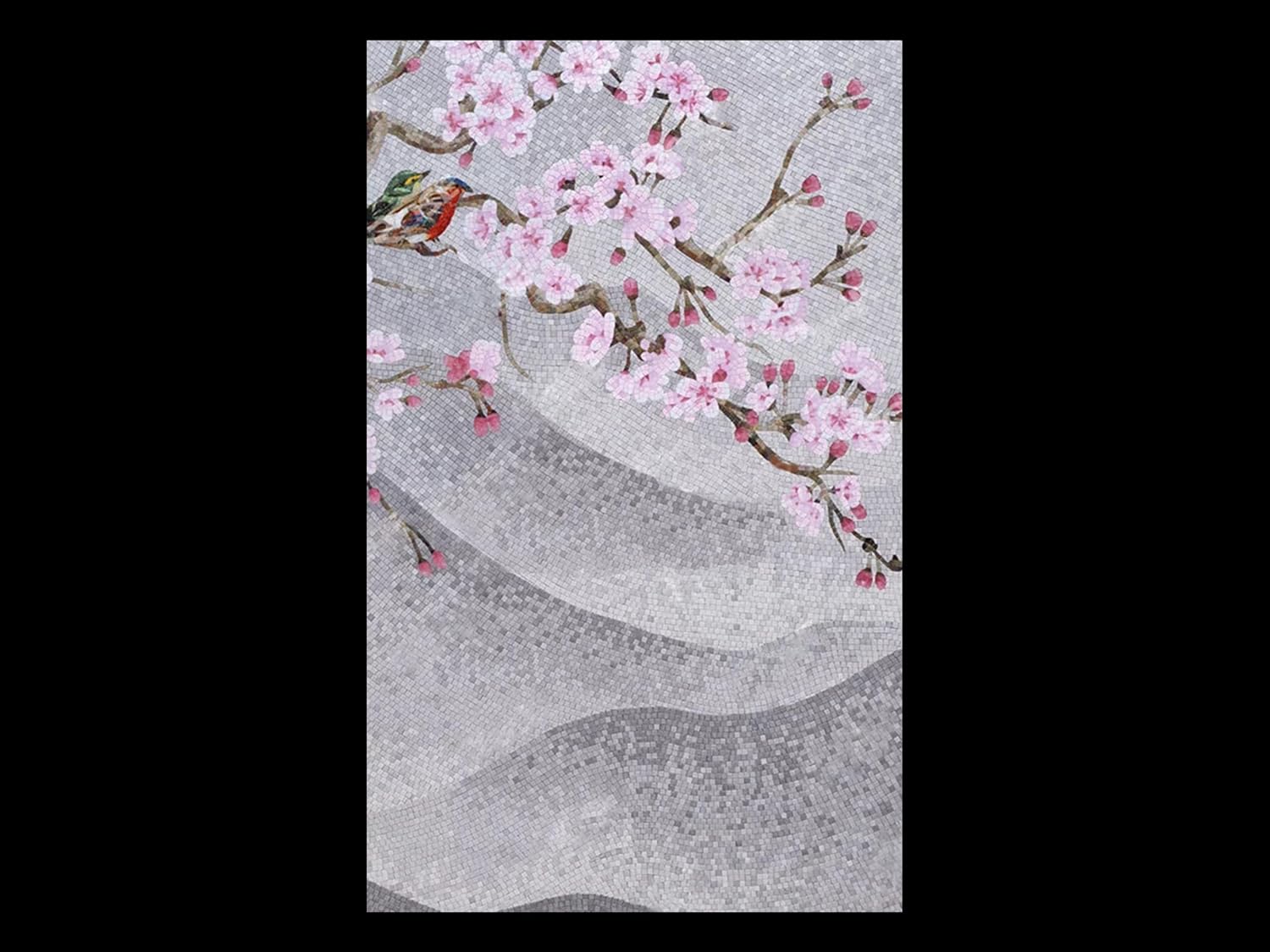 Handmade Cherry Blossom Glass Mosaic Wall Art, Botanical Tile Mosaic Artwork, Hand-Cut Asian Inspired Contemporary Wall Décor
