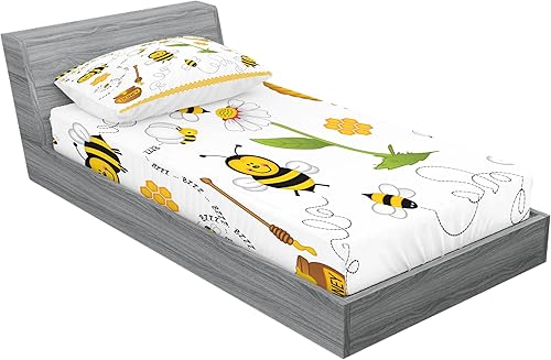 Miniatura 122 de Ambesonne Juego de sábanas bajeras y fundas de almohada con diseño de gato durmiendo en luna creciente, estrellas, sueños nocturnos, juego de ropa