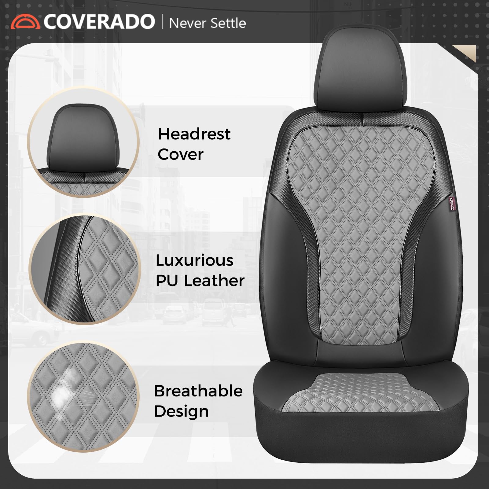 Coverado Coprisedili per auto a 5 posti, set completo di coprisedili in pelle, design testurizzato in fibra di carbonio, protezioni impermeabili durevoli, coprisedili neri e grigi, coprisedili